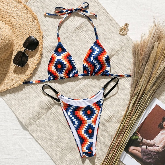 CLEARANCE Aztec Tribal Triangle Halter Bikini 2Pc Swimsuit - Picture 3 of 5
